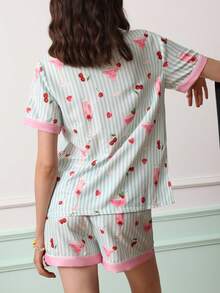 Chillnights Young Striped Cherry Fruit Pattern Cardigan Women Pajama Set - Multicolor - View 2