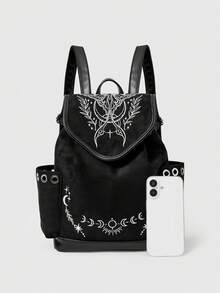 ROMWE Fairycore Mochila bordada con diseño de bruja gótica, mochila con extracto de helecho Moonworm, bolsa escolar con cordón y flecos de gamuza - Bordado blanco - Ver 3