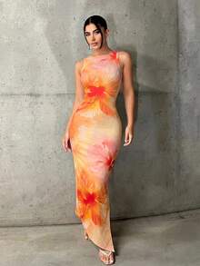 SHEIN ICON Vestido largo ajustado con estampado de teñido anudado - Naranja - Ver 6