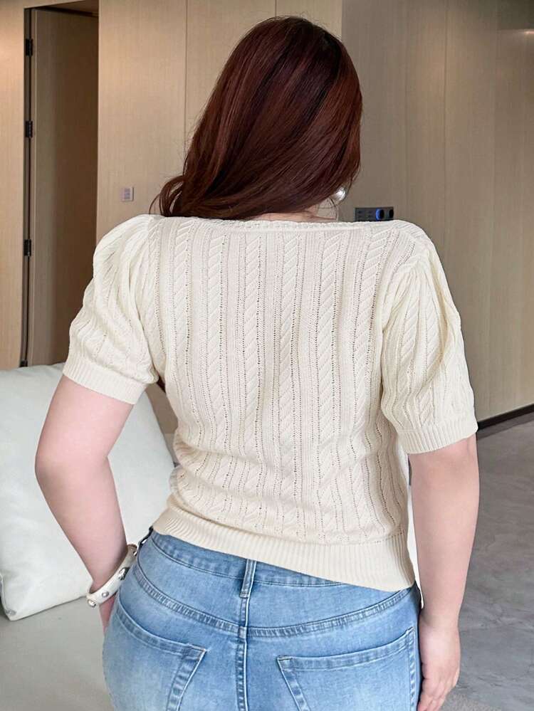 Dazy Plus Plus Size Women's Solid Color Braided Faux Collar Sexy Minimalist Short Sleeve Knit Top, Apricot, Spring/Summer