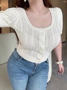 Dazy Plus Plus Size Women's Solid Color Braided Faux Collar Sexy Minimalist Short Sleeve Knit Top, Apricot, Spring/Summer - Apricot - View 4