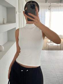 DAZY 女款素色修身高領背心 夏季 - 米色 - 查看 4