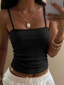 DAZY Solid Rib Knit Cami Top Summer - Black - View 9