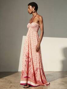 Frievida Đầm đi nghỉ mát không tay, cổ yếm, buộc dây, chất liệu chiffon in họa tiết tie-dye. - Hồng - Xem 5