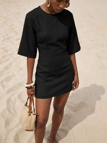 Zivah Chic Black Summer Round Neck Short Sleeve Fitted Linen Mini Dress For Brunch,Vacation,Beach,Party,Wedding Guest,Commute & Casual Daily Wear - Black - View 7