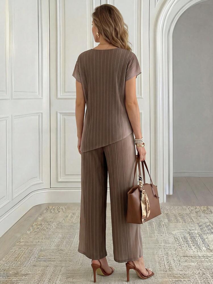 Women's Striped V-Neck Tie-Up Asymmetrical Shirt And Casual Pants Set