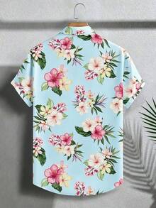 VIVINTIMO Áo sơ mi nam mặc thường ngày đi du lịch họa tiết hoa - Màu xanh nhạt - Xem 2