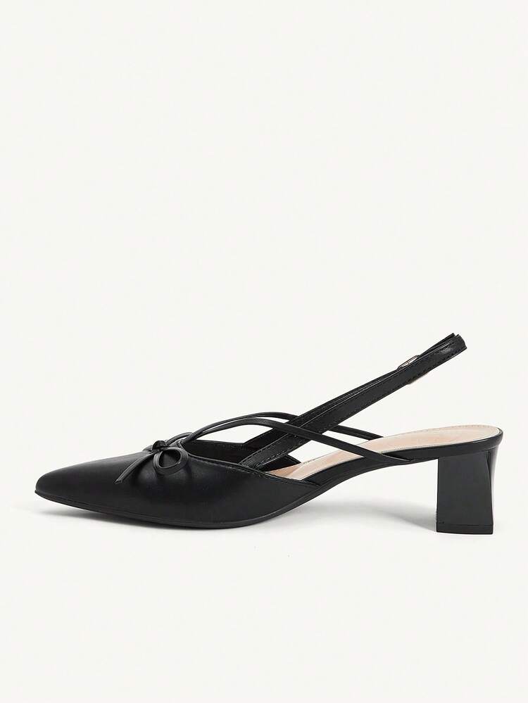 CUCCOO CHICEST Black Pointed Toe Bow Slingback Thick Heel Sandals, Workplace Commuting Temperament Shoes