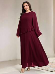 Veilorie Gaun Pesta Kasual Warna Polos untuk Wanita Ukuran Besar Musim Gugur - Burgundy - View 7