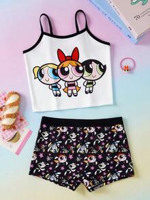 THE POWERPUFF GIRLS X SHEIN Tween Girls 8-12Y Camisole & Panty 2pcs Set - Black and White - View 1
