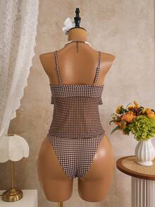 Swim Mod Conjunto de traje de baño tankini de 2 piezas con estampado de lunares, tirantes finos, decoración de lazo con volantes y top triangular, talla estándar para mujer - Café integral - Ver 2