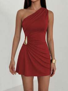 Sweetra Petite Women's Sexy Asymmetrical Shoulder Ruched Waist Fitted Mini Dress With Metal Buckle Decor, Spring/Summer - Red - View 6