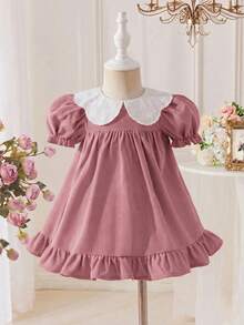 SHEIN LMoss Kids Baby Girl Puff Sleeve Peter Pan Collar Dress, Casual & Comfortable, Adorable - Dusty Pink - View 7
