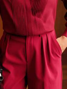 MOTF PREMIUM PLUS SIZE WOMEN'S COMMUTER FOLD PLEATED BUTTON FRONT SHIRT - Red - View 4