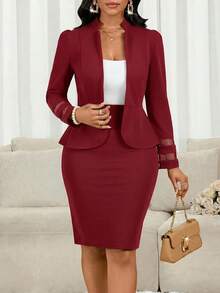 SHEIN Lady Bộ 2 món áo dài tay và chân váy công sở tối giản màu đỏ tía dành cho nữ, thích hợp cho mùa thu/đông. - Màu Đỏ Sâu - Xem 5