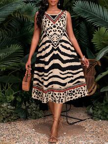 SHEIN Lady Đầm lửng không tay họa tiết da báo và ngựa vằn dành cho nữ, thích hợp cho kỳ nghỉ hè. - Nhiều màu - Xem 1