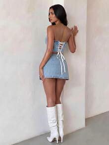 SHEIN Glamour Áo croptop denim không dây vai dành cho nữ - Màu xanh lam - Xem 2