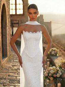 Glamrae Vestido de Cauda de Sereia 2 em 1 com Decote Barco de Renda Branca Elegante e Luxuoso com Pérolas e Mangas Removíveis, Vestido de Gala Formal Feminino - Branco - Visão 3