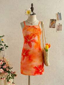 SHEIN Đầm hai dây in hoa, ôm dáng, thoải mái, thích hợp cho bé gái đi nghỉ mát mùa hè ở bãi biển, chất liệu mềm mại và dễ chịu, phong cách bohemian, phù hợp cho lễ hội âm nhạc. - trái cam - Xem 13