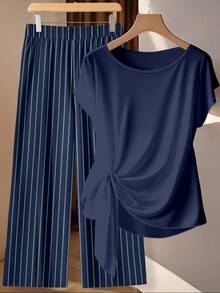 SHEIN Clasi 女士系带蝴蝶结衬衫和直筒裤两件套 - 彩色 - 查看 2