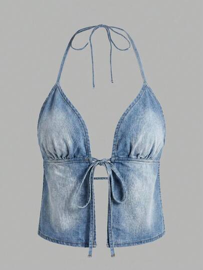 SHEIN ICON Áo denim cổ yếm hở lưng dành cho nữ