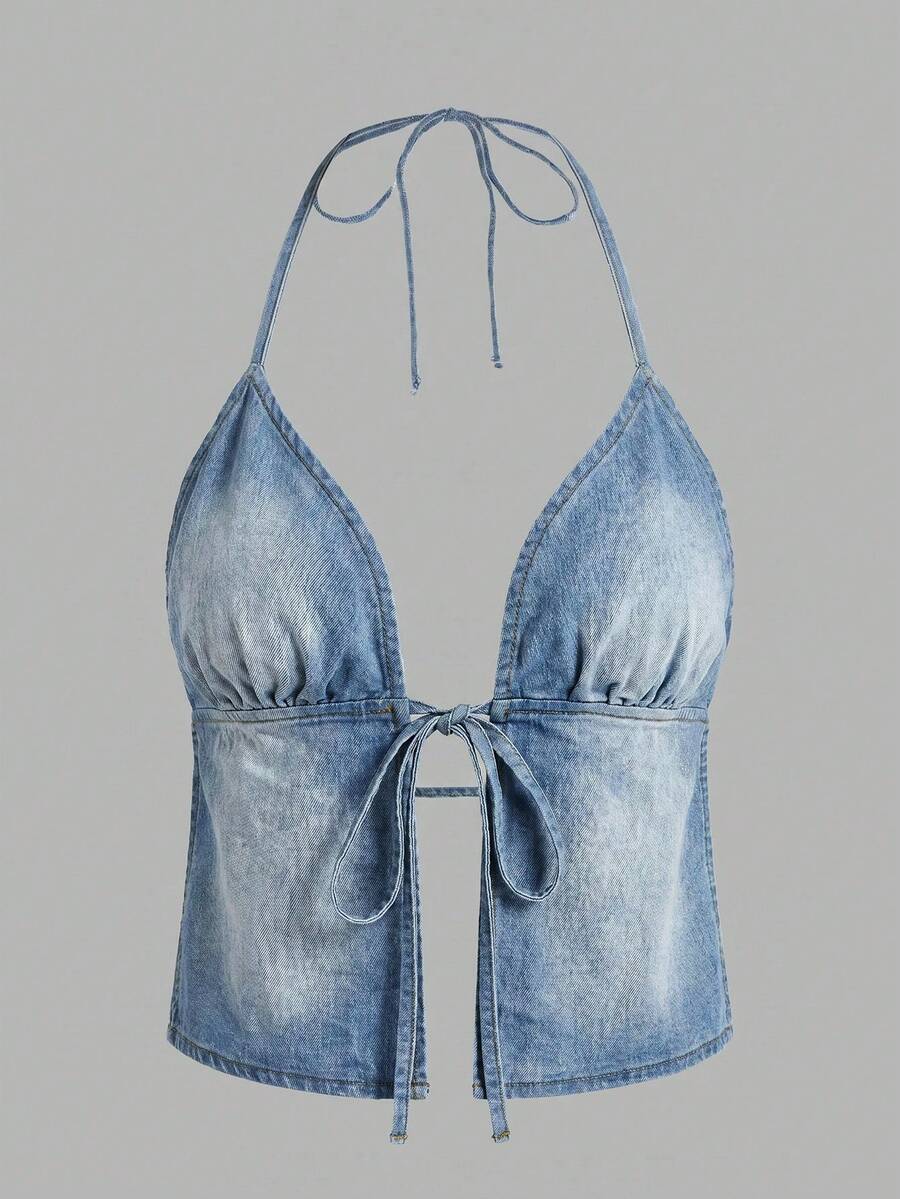 SHEIN ICON Áo denim cổ yếm hở lưng dành cho nữ - Màu xanh lam - Xem 1
