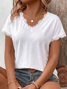 EMERY ROSE Women's Spring/Summer New Arrival Lace Patchwork V-Neck Short Sleeve Casual Versatile Plus Size T-Shirt - White - View 4
