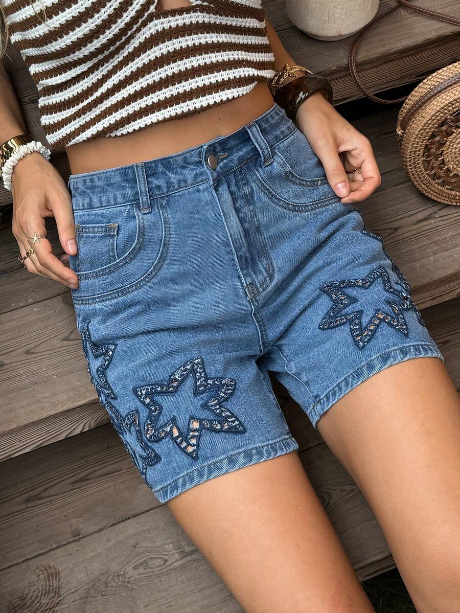 Breezaya Quần short denim bó sát thời trang rách rưới, thêu hình ngôi sao dành cho nữ. - Màu xanh lam - Xem 1