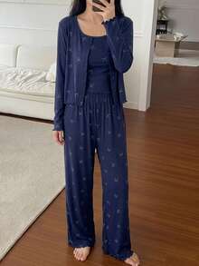 DAZY 3pcs Bow Print Allover Allover Print Camisole And Pants Women Pajama Set - Navy Blue - View 3