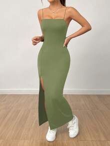 PETITE Women's Long Black Dress With High Slit Strap And Solid Color - Army Green - View 3
