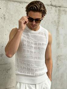 Airaco Men's Solid Color Crew Neck Sleeveless Hollow Casual Knit Top For Summer Daily Wear - White - View 3