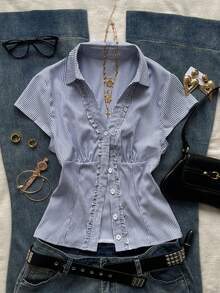 Attitoon Casual Minimalist Style Preppy Style Gray-Blue Striped Ruffle Trim Fitted Shirt For Women, Suitable For Spring & Summer, College Style,Summer Top - Blue and White - View 1