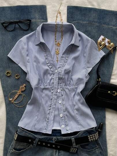 Attitoon Casual Minimalist Style Preppy Style Gray-Blue Striped Ruffle Trim Fitted Shirt For Women, Suitable For Spring & Summer, College Style