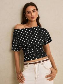 Poéselle Women's Polka Dot Print Asymmetric Shoulder Short Sleeve Fashionable T-Shirt - Black - View 6