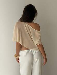 Aloruh Solid Color Asymmetric Neckline Sheer Cover Up With Metallic Threads - White - View 2