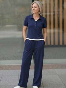 EMERY ROSE Middle-Aged Elderly Women's Polo Collar Short Sleeve Top And Pants Casual Hawiian Modest Suit Soft Yellow Autumn Outfit Sets - Navy Blue - View 4