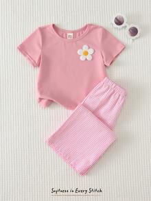 Cozy Pixies 2pcs Baby Girl Floral Embroidered Round Neck Short Sleeve Top And Elastic Waist Pants Set - Pink - View 3