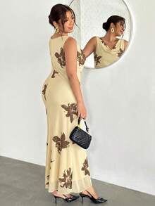 Firerie Vestido de vacaciones con estampado floral elegante, sin mangas, ajustado y con dobladillo de sirena para mujer de talla grande - Albaricoque - Ver 5