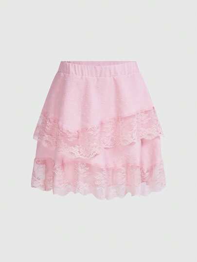 ROMWE Fairycore Chân váy ngắn nữ cạp chun, phối ren tương phản, xếp ly.
