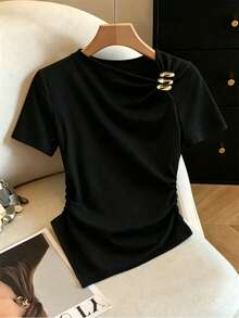 Formidée Plus Size Women's Minimalist Elegant Asymmetric Short Sleeve T-Shirt, Black And Gold Metal Accent, Asymmetric Hem Side Ruched, Summer Work Top - Black - View 8