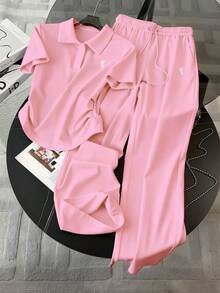 Resyla Embroidered Minimalist Women's Polo Collar T-Shirt + Pants Set, Gift For Friends - Pink - View 4