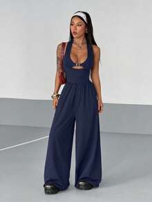 StreetHx Women's Sexy Street Style Navy Blue Deep V Eyelet Decor Halter Jumpsuit For Summer Club Going Out - Navy Blue - View 3