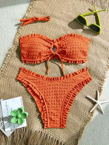 Soleia Bộ bikini mùa hè gợi cảm dành cho nữ, chất liệu vải trơn, có họa tiết, viền bèo nhún, buộc dây phía trước, xẻ tà. - Nhiều màu - Xem 2