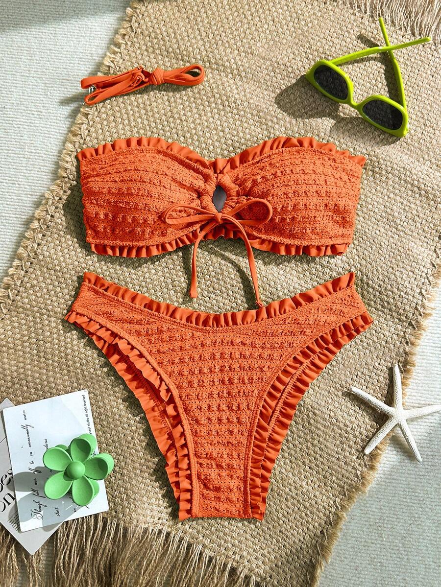 Soleia Bộ bikini mùa hè gợi cảm dành cho nữ, chất liệu vải trơn, có họa tiết, viền bèo nhún, buộc dây phía trước, xẻ tà.