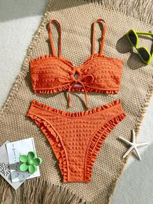 Soleia Bộ bikini mùa hè gợi cảm dành cho nữ, chất liệu vải trơn, có họa tiết, viền bèo nhún, buộc dây phía trước, xẻ tà. - Nhiều màu - Xem 4