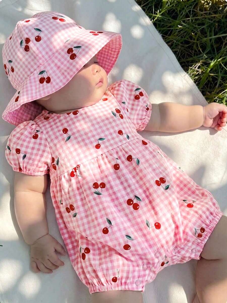 Newborn Baby Girl Casual Cute Summer Plaid Cherry Print Romper - Pink - View 1
