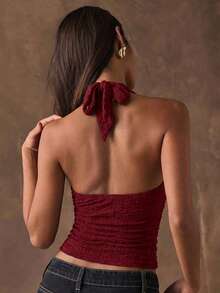 SHEIN BAE Áo nữ cổ yếm màu trơn, gợi cảm, đa năng, thích hợp mặc thường ngày. - Màu Đỏ Sâu - Xem 4