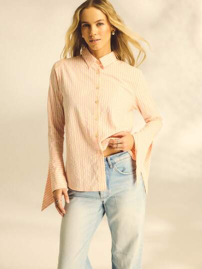 Aralina Vacation Festival Cover Up Stripe Beach Shirt Sexy Pink Yellow Button Collar Wide Cuff Split Spring Summer Beachwear Swim