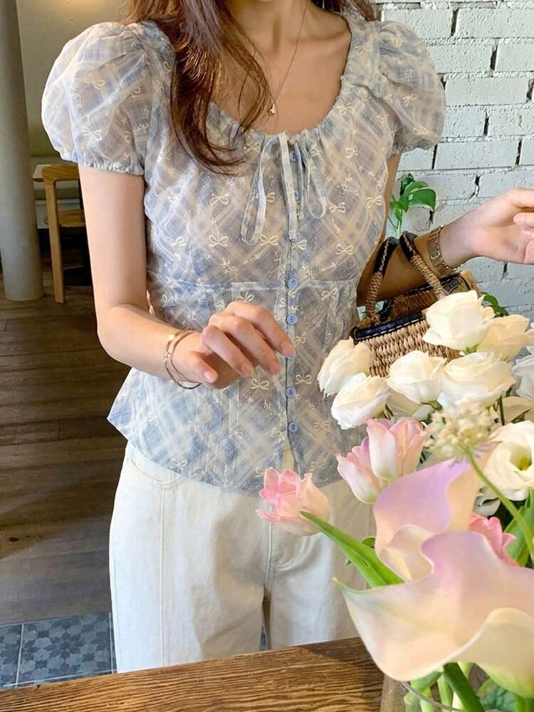 Women's Solid Color Fitted Tie-Waist Petal Sleeve Fitted Short Sleeve Blouse, Pink, Spring/Summer