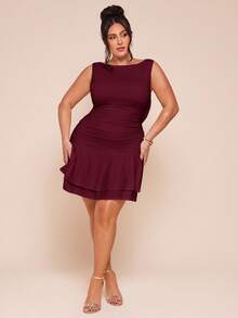 SHEIN BAE Vestido mini de mujer talla grande sin mangas, color blanco sólido, con detalle de lazo en la espalda fruncida - Rojo violeta - Ver 3